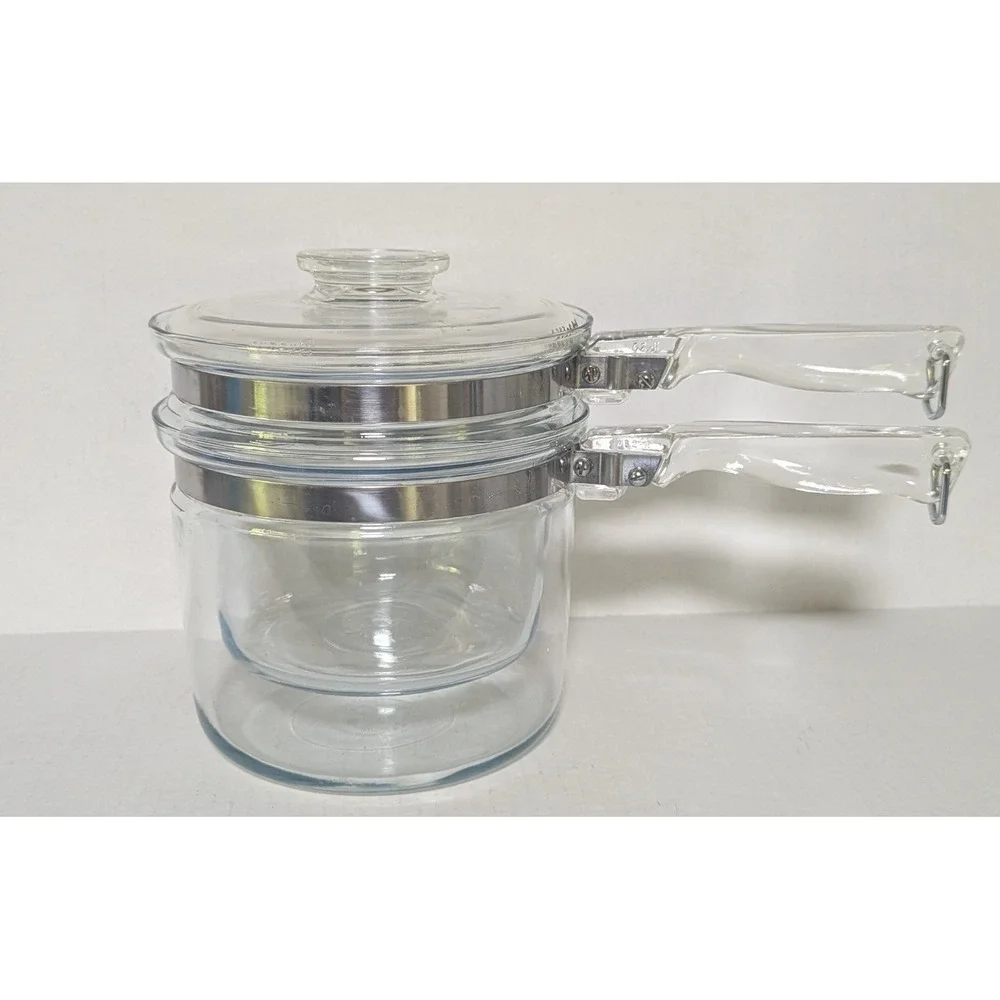 Vintage PYREX Flameware Range Top Clear Glass Double Boiler Three-Piece Set